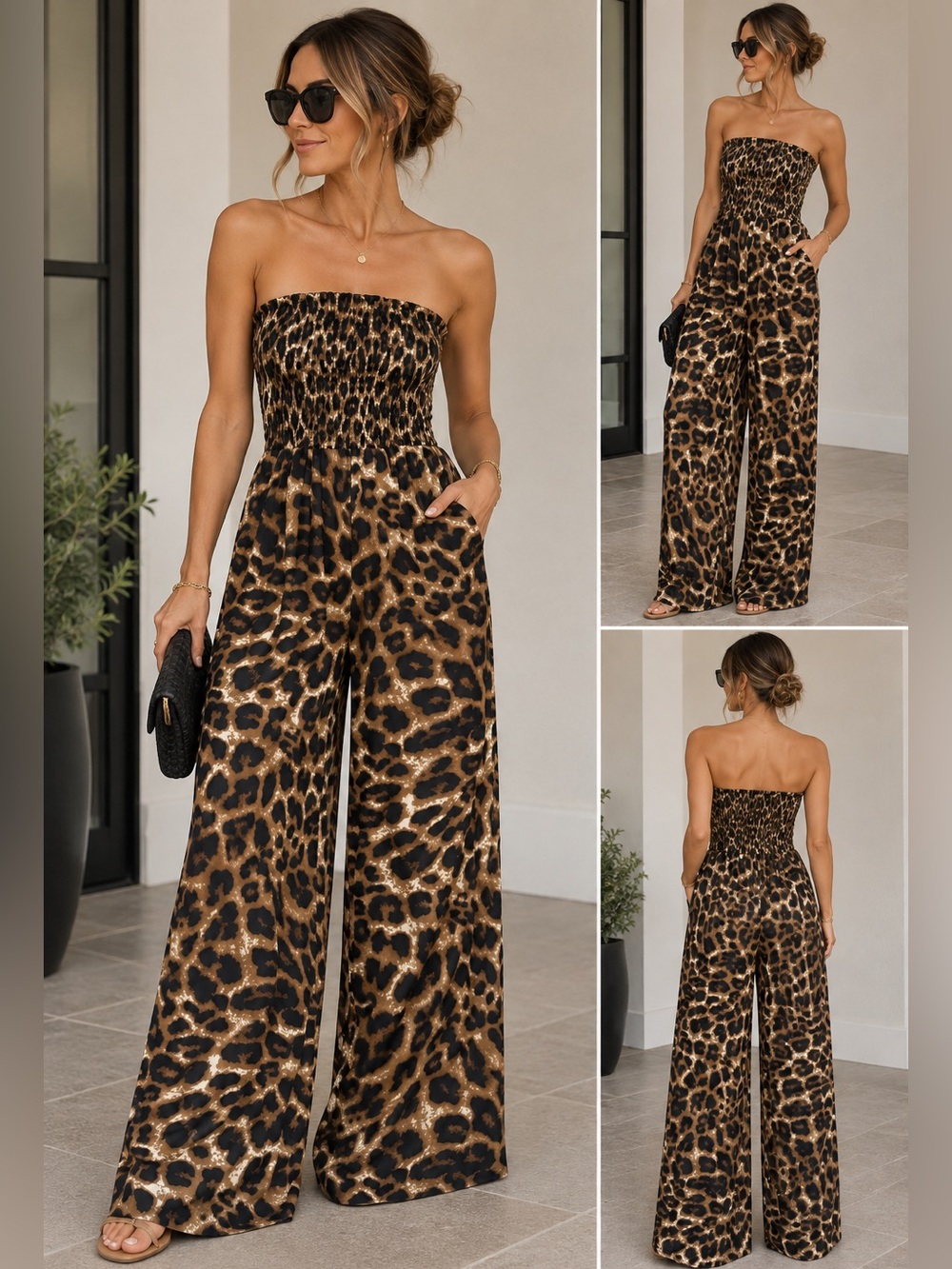 Strapless Leopard Print Wide-Leg Jumpsuit